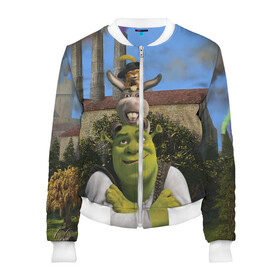 Женский бомбер 3D Шрек, Кот и Осёл: в Ухте, 100% полиэстер | застегивается на молнию, по бокам два кармана без застежек, мягкие манжеты, по низу бомбера и на воротнике — эластичная резинка | 20 | 4к | boots | cat | donkey | fiona | green | in | me | meme | memes | once | shrek | somebody | told | в | зеленый | кот | лет | мем | мемы | мульт | мультфильм | огр | огры | осел | сапогах | фиона | шрек