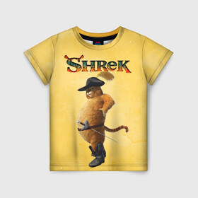 Детская футболка 3D с принтом Кот в сапогах в Ухте, 100% гипоаллергенный полиэфир | прямой крой, круглый вырез горловины, длина до линии бедер, чуть спущенное плечо, ткань немного тянется | dreamworks | shrek | арт | лого | мультфильм | постер | шрек