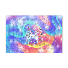 Пазл магнитный 126 элементов Космонавт на единороге: в Ухте, полимерный материал с магнитным слоем | 126 деталей, размер изделия —  180*270 мм | волшебство | градиент | единорог | космонавт | космос | ленты | магия | планеты | разводы | скафандр