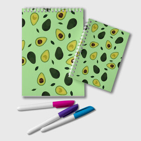 Блокнот с принтом Авокадо в Ухте, 100% бумага | 48 листов, плотность листов — 60 г/м2, плотность картонной обложки — 250 г/м2. Листы скреплены удобной пружинной спиралью. Цвет линий — светло-серый
 | Тематика изображения на принте: avocado | food | fruit | pattern | vegan | vegetarian | авокадо | веган | вегетарианство | еда | зарядка | зелёная | паттерн | правильное питание | фрукт | фрукты