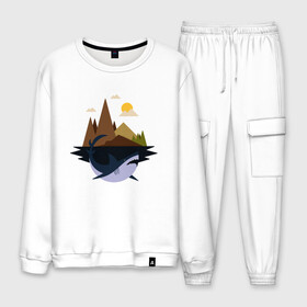 Мужской костюм хлопок с принтом Abstract Geometry Shark Island в Ухте, 100% хлопок | на свитшоте круглая горловина, мягкая резинка по низу. Брюки заужены к низу, на них два вида карманов: два “обычных” по бокам и два объемных, с клапанами, расположенные ниже линии бедра. Брюки с мягкой трикотажной резинкой на поясе и по низу штанин. В поясе для дополнительного комфорта — широкие завязки | art | fish | geometric print | minimal | minimalism | minimalist | mountains | абстрактный принт | абстрактный рисунок | абстракция | акула | акулий остров | акулы | арт | геометрический принт | геометрический рисунок | горы