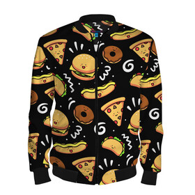 Мужской бомбер 3D с принтом Фастфуд в Ухте, 100% полиэстер | застегивается на молнию, по бокам два кармана без застежек, по низу бомбера и на воротнике - эластичная резинка | burger | cheese | donut | food | hot dog | pizza | sandwich | бургер | еда | пицца | пончик | сыр | сэндвич | фастфуд | хот дог