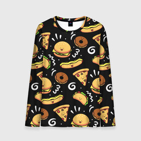 Мужской лонгслив 3D с принтом Фастфуд в Ухте, 100% полиэстер | длинные рукава, круглый вырез горловины, полуприлегающий силуэт | burger | cheese | donut | food | hot dog | pizza | sandwich | бургер | еда | пицца | пончик | сыр | сэндвич | фастфуд | хот дог