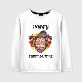 Детский лонгслив хлопок с принтом Счастливая обезьяна в Ухте, 100% хлопок | круглый вырез горловины, полуприлегающий силуэт, длина до линии бедер | лето | надпись | обезьяна | отпуск | очки | пальмы | счастье