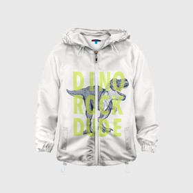 Детская ветровка 3D с принтом DINO ROCK DUDE в Ухте, 100% полиэстер | подол и капюшон оформлены резинкой с фиксаторами, по бокам два кармана без застежек, один потайной карман на груди | dino | games | roar | rock | rock star | t rex | дино | динозавр | динозавры | рок | рокер