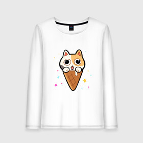 Женский лонгслив хлопок с принтом Ice Cream Cat в Ухте, 100% хлопок |  | animal | cat | cute | kitty | meow | друг | животные | киска | китти | кот | котенок | котик | котэ | кошечка | кошка | милый | мороженое | мур | мяу | питомец | тигр