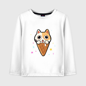 Детский лонгслив хлопок с принтом Ice Cream Cat в Ухте, 100% хлопок | круглый вырез горловины, полуприлегающий силуэт, длина до линии бедер | animal | cat | cute | kitty | meow | друг | животные | киска | китти | кот | котенок | котик | котэ | кошечка | кошка | милый | мороженое | мур | мяу | питомец | тигр