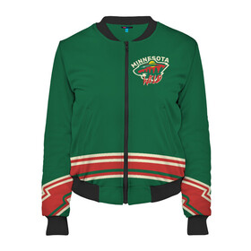Женский бомбер 3D с принтом Minnesota Wild в Ухте, 100% полиэстер | застегивается на молнию, по бокам два кармана без застежек, мягкие манжеты, по низу бомбера и на воротнике — эластичная резинка | hockey | minnesota wild | nhl | клюшка | лед | миннесота уайлд | нхл | хоккеист | хоккеисты | хоккей