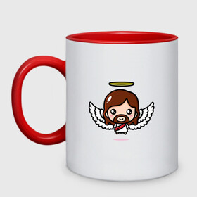 Кружка двухцветная с принтом Иисус с крыльями в Ухте, керамика | объем — 330 мл, диаметр — 80 мм. Цветная ручка и кайма сверху, в некоторых цветах — вся внутренняя часть | Тематика изображения на принте: ангел | воскрес | иисус | крылья | нимб | святой