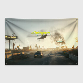 Флаг-баннер с принтом CYBERPUNK 2077 КИБЕРПАНК (+спина) (Z) в Ухте, 100% полиэстер | размер 67 х 109 см, плотность ткани — 95 г/м2; по краям флага есть четыре люверса для крепления | cd project red | cyberpunk 2077 | demon | keanu reeves | samurai | smile | vi | арасака | ви | демон | киану ривз | киберпанк 2077 | найт сити | самураи | смайл