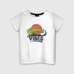 Детская футболка хлопок с принтом Summer Vibes в Ухте, 100% хлопок | круглый вырез горловины, полуприлегающий силуэт, длина до линии бедер | Тематика изображения на принте: beach | palm | sea | summer | vibes | вайб | волны | жара | летние | лето | море | пальмы | пляж