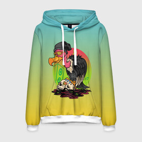 Мужская толстовка 3D с принтом птица падальщик гриф меломан в Ухте, 100% полиэстер | двухслойный капюшон со шнурком для регулировки, мягкие манжеты на рукавах и по низу толстовки, спереди карман-кенгуру с мягким внутренним слоем. | Тематика изображения на принте: гриф | меломан | музыкант | падальщик | птица | череп