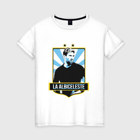 Женская футболка хлопок с принтом Messi - La Albiceleste в Ухте, 100% хлопок | прямой крой, круглый вырез горловины, длина до линии бедер, слегка спущенное плечо | Тематика изображения на принте: argentina | barca | barcelona | football | lionel | messi | spain | sport | аргентина | барса | барселона | гол | золотой мяч | игрок | испания | камп ноу | лионель | месси | мяч | спорт | тренер | футбол | чемпион | чемпионат
