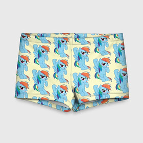 Детские купальные плавки 3D с принтом Rainbow Dash в Ухте, Полиэстер 85%, Спандекс 15% | Слитный крой, подклад по переду изделия, узкие бретели | Тематика изображения на принте: my little pony | дружба это чудо | единорог | единороги | май литл пони | мульт | мультфильм | радуга дэш | селестия | спайк | сумеречная искорка