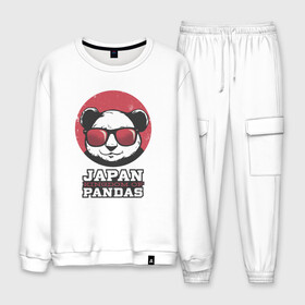 Мужской костюм хлопок с принтом Japan Kingdom of Pandas в Ухте, 100% хлопок | на свитшоте круглая горловина, мягкая резинка по низу. Брюки заужены к низу, на них два вида карманов: два “обычных” по бокам и два объемных, с клапанами, расположенные ниже линии бедра. Брюки с мягкой трикотажной резинкой на поясе и по низу штанин. В поясе для дополнительного комфорта — широкие завязки | art | japanese | panda | retro look | style | vintage look | арт | винтаж | винтажный стиль | кингдом | королевство | королевство панд | крутая панда в очках | панда | пандочка | ретро стиль | рисунок панды | япония | 