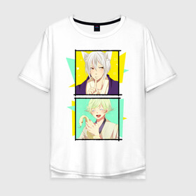 Мужская футболка хлопок Oversize с принтом Tomoe and Mizuki в Ухте, 100% хлопок | свободный крой, круглый ворот, “спинка” длиннее передней части | akura | kamisama kiss | kitsune | mizuki | nanami | tomoe | yokai | акура | аниме | бог | боги | демон лис | демоны | ёкай | змея | йокай | кицуне | лис | мидзуки | мизуки | нанами | неко | очень приятно бог | томое | томоэ