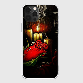 Чехол для iPhone 12 Pro с принтом Роза при свечах в Ухте, силикон | область печати: задняя сторона чехла, без боковых панелей | Тематика изображения на принте: дым | роза | роса | свет | свечи