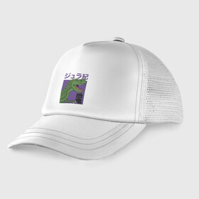 Детская кепка тракер с принтом T-REX TOKYO JAPAN в Ухте, Козырек - 100% хлопок. Кепка - 100% полиэстер, Задняя часть - сетка | универсальный размер, пластиковая застёжка | Тематика изображения на принте: dino | rex | roar | t rex | дино | динозавр | динозавры