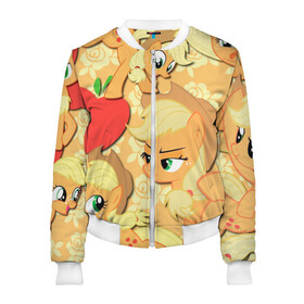 Женский бомбер 3D с принтом Applejack pattern в Ухте, 100% полиэстер | застегивается на молнию, по бокам два кармана без застежек, мягкие манжеты, по низу бомбера и на воротнике — эластичная резинка | Тематика изображения на принте: my little pony | дружба это чудо | единорог | единороги | май литл пони | мульт | мультфильм