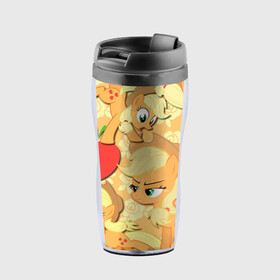 Термокружка-непроливайка с принтом Applejack pattern в Ухте, внутренняя часть — пищевой пластик, наружная часть — прозрачный пластик, между ними — полиграфическая вставка с рисунком | объем — 350 мл, герметичная крышка | my little pony | дружба это чудо | единорог | единороги | май литл пони | мульт | мультфильм