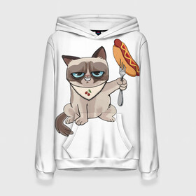 Женская толстовка 3D с принтом Злобный котяу в Ухте, 100% полиэстер  | двухслойный капюшон со шнурком для регулировки, мягкие манжеты на рукавах и по низу толстовки, спереди карман-кенгуру с мягким внутренним слоем. | вилка | голодный кот | еда | злобный кот | сосиска | фастфуд | хот дог