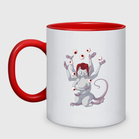 Кружка двухцветная Крысиный шут: в Ухте, керамика | объем — 330 мл, диаметр — 80 мм. Цветная ручка и кайма сверху, в некоторых цветах — вся внутренняя часть | rat | глаза | грызуны | жонглёр | жонглирование | крыса | монстры | слепой | сюрреализм | шут