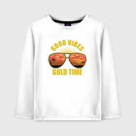Детский лонгслив хлопок с принтом Good vibes gold time в Ухте, 100% хлопок | круглый вырез горловины, полуприлегающий силуэт, длина до линии бедер | beach | good vibes gold time | palm | sea | summer | tropical | вайб | волны | жара | золотое время | летние | лето | море | очки | пальмы | пляж | тропический