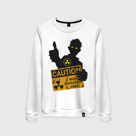 Женский свитшот хлопок с принтом зомби с табличкой в Ухте, 100% хлопок | прямой крой, круглый вырез, на манжетах и по низу широкая трикотажная резинка  | зомби | лайк зомби | предупреждение | радиация | экология