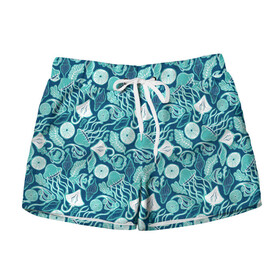 Женские шорты 3D Скаты и медузы: в Ухте, 100% полиэстер | прямой крой, два кармана без застежек по бокам. Мягкая трикотажная резинка на поясе, внутри которой широкие завязки. Длина до середины бедра | водоросли | медузы | море | паттерны | ракушки | рыбы | электрический скат