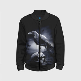 Детский бомбер 3D с принтом ЧЕРЕП И ВОРОН в Ухте, 100% полиэстер | застегивается на молнию, по бокам два кармана без застежек, мягкие манжеты, по низу бомбера и на воротнике — эластичная резинка | birds | black | crown | death | horror | metal | skull | арт | ворон | зомби | кости | птицы | скелет | череп | черный