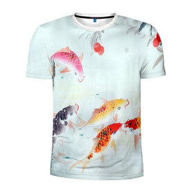 Мужская футболка 3D спортивная с принтом Японские карпы в Ухте, 100% полиэстер с улучшенными характеристиками | приталенный силуэт, круглая горловина, широкие плечи, сужается к линии бедра | Тематика изображения на принте: вода | ягоды | японские карпы