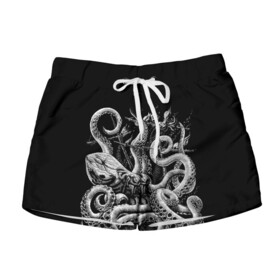 Женские шорты 3D с принтом Кракен Монстр в Ухте, 100% полиэстер | прямой крой, два кармана без застежек по бокам. Мягкая трикотажная резинка на поясе, внутри которой широкие завязки. Длина до середины бедра | animal | beast | kraken | monster | ocean | octopus | sea | ship | water | вода | животные | звери | корабль | кракен | монстр | море | океан | осьминог | рыбы | щупальца