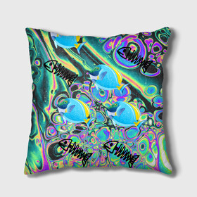 Подушка 3D с принтом Life cycle в Ухте, наволочка – 100% полиэстер, наполнитель – холлофайбер (легкий наполнитель, не вызывает аллергию). | состоит из подушки и наволочки. Наволочка на молнии, легко снимается для стирки | acid | colors | fish | life | ocean | море | океан | рыба