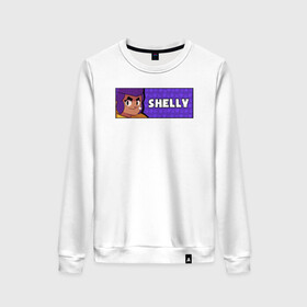 Женский свитшот хлопок с принтом SHELLY (ПЛАШКА) в Ухте, 100% хлопок | прямой крой, круглый вырез, на манжетах и по низу широкая трикотажная резинка  | android | brawl | brawl stars | clash | game | shelly | stars | андроид | игра | мобильные игры | шелли