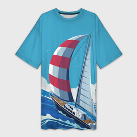 Платье-футболка 3D с принтом ПАРУСНИК В МОРЕ | SAILBOAT (Z) в Ухте,  |  | boat | sailboat | ship | ships | в море | кораблик | кораблики | корабль | красный парус | лодка | лодочка на синем | люблю море | море | мореход | одинокая лодка | океан | оригами | парус | парусник | судно | яхта