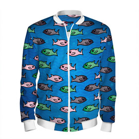 Мужской бомбер 3D с принтом Рыбки в Ухте, 100% полиэстер | застегивается на молнию, по бокам два кармана без застежек, по низу бомбера и на воротнике - эластичная резинка | fish | море | морские | на синем | паттерн | рыба | рыбки | рыбы