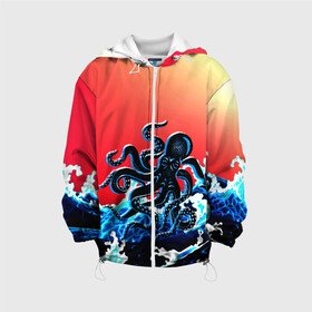 Детская куртка 3D Кракен в Море | Градиент: в Ухте, 100% полиэстер | застежка — молния, подол и капюшон оформлены резинкой с фиксаторами, по бокам — два кармана без застежек, один потайной карман на груди, плотность верхнего слоя — 90 г/м2; плотность флисового подклада — 260 г/м2 | animal | beast | fade | kraken | monster | moon | ocean | octopus | sea | water | waves | вода | волны | градиент | животные | звери | кракен | луна | монстр | море | океан | осьминог | рыбы | щупальца