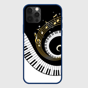 Чехол для iPhone 12 Pro с принтом МУЗЫКАЛЬНЫЙ УЗОР в Ухте, силикон | область печати: задняя сторона чехла, без боковых панелей | black and white | gold | music | notes | piano | звуки | золото | клавиши | красота | музыка | ноты | рояль | спираль | узор | черно белое