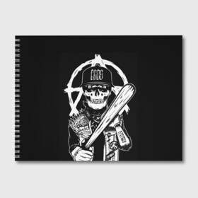 Альбом для рисования с принтом Череп с битой в Ухте, 100% бумага
 | матовая бумага, плотность 200 мг. | caos | бейсболист | беспредел | бита | рокер | рокер с битой | с битой | с шипами | хулиган | хулиганы | череп | череп с битой | черепа | черепки | черепушки