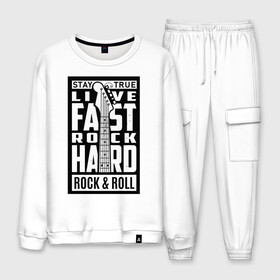 Мужской костюм хлопок с принтом Rock and Roll в Ухте, 100% хлопок | на свитшоте круглая горловина, мягкая резинка по низу. Брюки заужены к низу, на них два вида карманов: два “обычных” по бокам и два объемных, с клапанами, расположенные ниже линии бедра. Брюки с мягкой трикотажной резинкой на поясе и по низу штанин. В поясе для дополнительного комфорта — широкие завязки | live fast rock hard | rock and roll | гитара | гитара на черном фоне | музыка | надписи