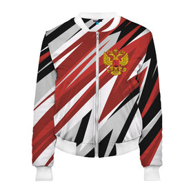 Женский бомбер 3D с принтом РОССИЯ RUSSIA RED в Ухте, 100% полиэстер | застегивается на молнию, по бокам два кармана без застежек, мягкие манжеты, по низу бомбера и на воротнике — эластичная резинка | abstraction | flag | geometry | paints | russia | stripes | texture | абстракция | брызги | геометрия | герб россии | краски | неон | неоновый | рашка | родина | россия | соты | текстура | триколор | флаг | флаг россии