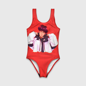 Детский купальник 3D с принтом Suga Red в Ухте, Полиэстер 85%, Спандекс 15% | Слитный крой, подклад по переду изделия, узкие бретели | bts | pop | битиэс | бтс | ви | джей хоуп | джонгук | корейцы | музыка | поп | попса | рм | чимин | чин сюги