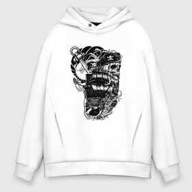 Мужское худи Oversize хлопок с принтом Пират череп в Ухте, френч-терри — 70% хлопок, 30% полиэстер. Мягкий теплый начес внутри —100% хлопок | боковые карманы, эластичные манжеты и нижняя кромка, капюшон на магнитной кнопке | captain | pirate | ship | skull | капитан | компас | корабль | пират | сокровища | сундук | череп | штурвал