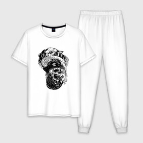 Мужская пижама хлопок с принтом Пират череп в Ухте, 100% хлопок | брюки и футболка прямого кроя, без карманов, на брюках мягкая резинка на поясе и по низу штанин
 | captain | pirate | skull | капитан | компас | пират | сокровища | сундук | череп | штурвал