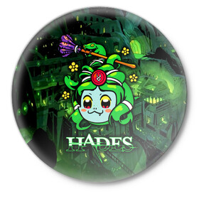 Значок с принтом Hades Dusa Gorgon в Ухте,  металл | круглая форма, металлическая застежка в виде булавки | Тематика изображения на принте: dusa | gorgon | hades | roguelike | бесконечные круги ада | горгона | компьютерная игра | мифология