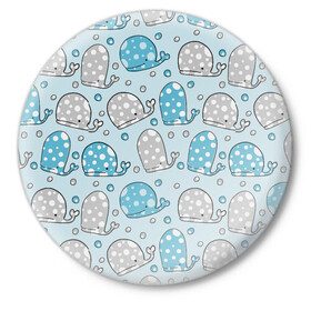 Значок с принтом Киты паттерн в Ухте,  металл | круглая форма, металлическая застежка в виде булавки | Тематика изображения на принте: whale | белый кит | кит | киты | морские | паттерн | синий кит