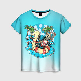 Женская футболка 3D с принтом Отдых в Ухте, 100% полиэфир ( синтетическое хлопкоподобное полотно) | прямой крой, круглый вырез горловины, длина до линии бедер | арт | графика | лето | море | надувная утка | пальмы | скелет | череп