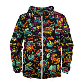 Мужская ветровка 3D с принтом Неоновый мир в Ухте, 100% полиэстер | подол и капюшон оформлены резинкой с фиксаторами, два кармана без застежек по бокам, один потайной карман на груди | Тематика изображения на принте: абстракция | монстры | неон | осьминог | стикеры