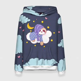 Женская толстовка 3D с принтом Сонный ленивец в Ухте, 100% полиэстер  | двухслойный капюшон со шнурком для регулировки, мягкие манжеты на рукавах и по низу толстовки, спереди карман-кенгуру с мягким внутренним слоем. | звездочки | ленивец | лень | луна | месяц | ночная | ночь | сон | сонный | спокойной ночи