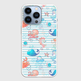Чехол для iPhone 13 Pro с принтом Морские жители в Ухте,  |  | Тематика изображения на принте: whale | белый кит | звезда | кит | киты | конек | краб | медуза | морские | осьминог | паттерн | синий кит